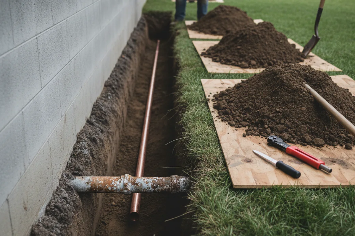 Excavated water line trench during Sewer Line Repair in Williston Park